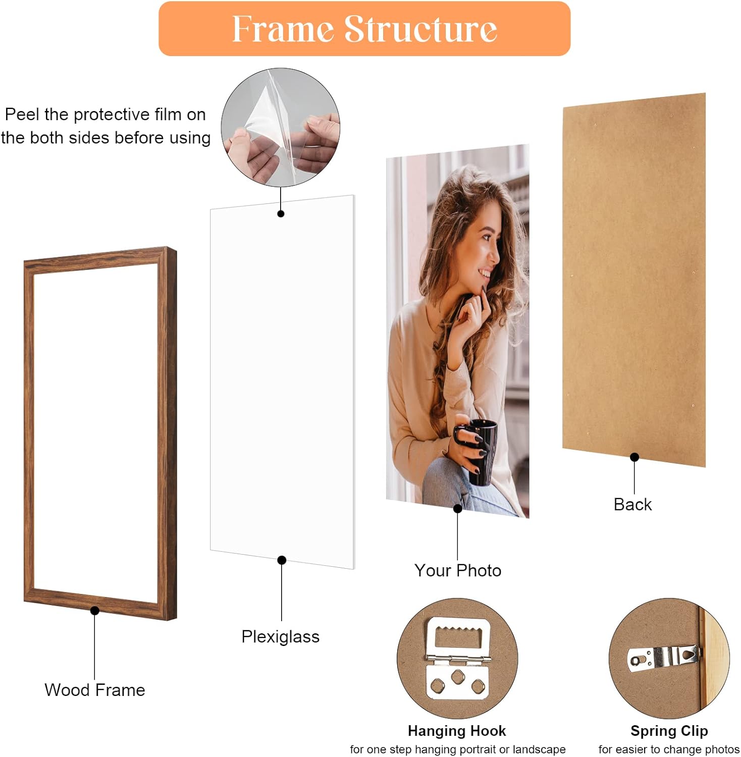 16x20 Wood Frame Brown, Rustic Natural 20x16in Woodgrain Picture Poster Frame, Modern Brown 16 x 20inch Gallery Wall Photo Frame with HD Plexiglass, Horizontal Vertical Wall Mounting Display 1pcs