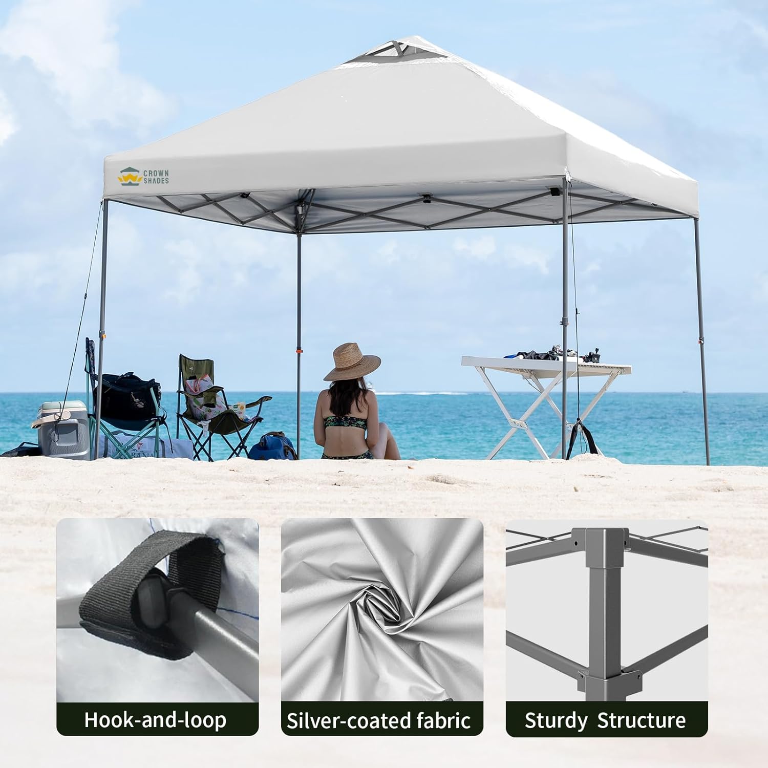 CROWN SHADES Adjustable Height on The Fly, 10x10 Pop Up Canopy - Beach Tent with One Push Setup - Easy Outdoor Sun Shade for Events, Parties, Camping - Outside Shade with STO-N-Go Bag, White