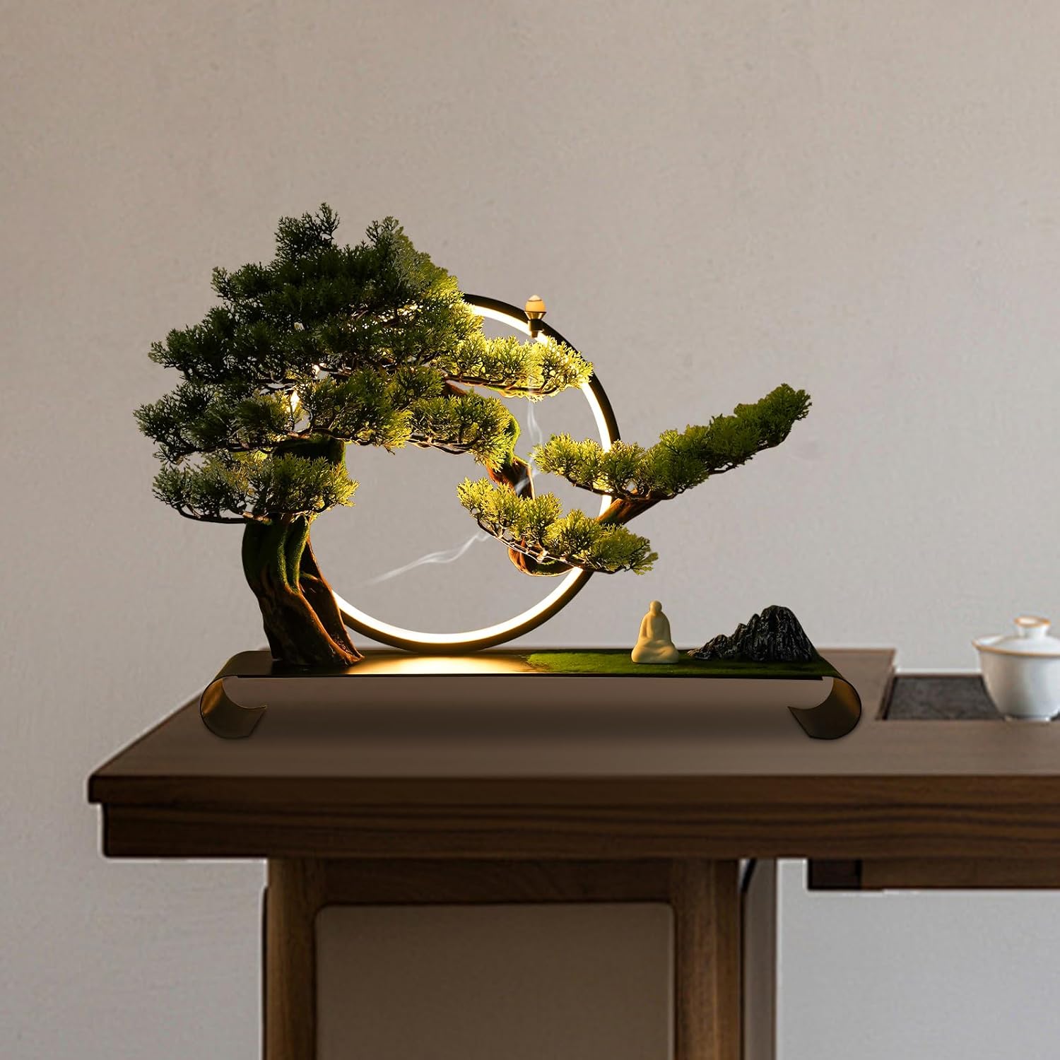 Artificial Bonsai Pine Tree Faux Realistic Simulation Bonsai with LED Lamp Ring Fake Plants Desk Table Decor for Home Office Indoor