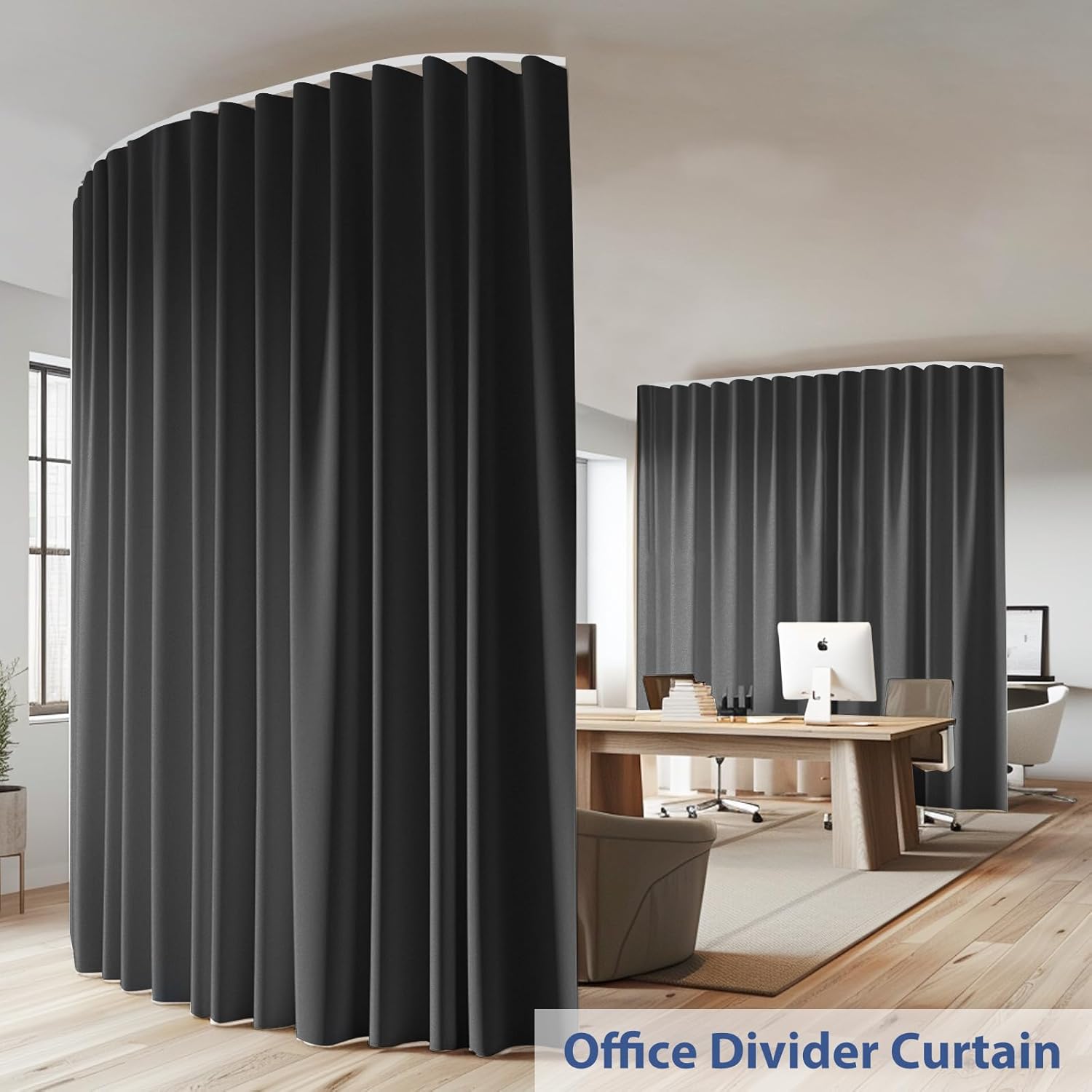 Room Divider Ceiling Mounted Curtains Track Sets Extra Wide Blackout Curtain Flexible Tracks for Bedroom Privacy Partition Separator, 1 Panel Black Drape and White Rail, W15 x H8ft