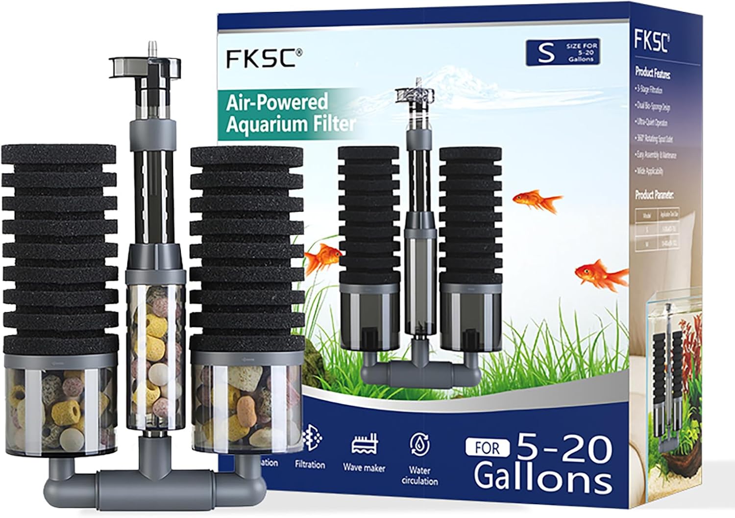 Dual Sponge Aquarium Filter, Air-Powered, 10–20 Gal – Ultra-Quiet Bio-Sponge Filtration | Freshwater & Saltwater | Easy Setup