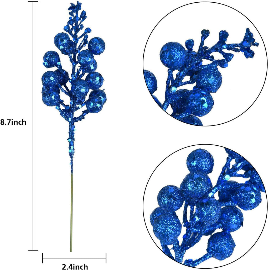 Blue Berries Picks, 14 Pack Artificial Berry Stems for Christmas Tree Decorations, Crafts, Holiday and Home Decor, 7.9 Inches (Dark Blue)