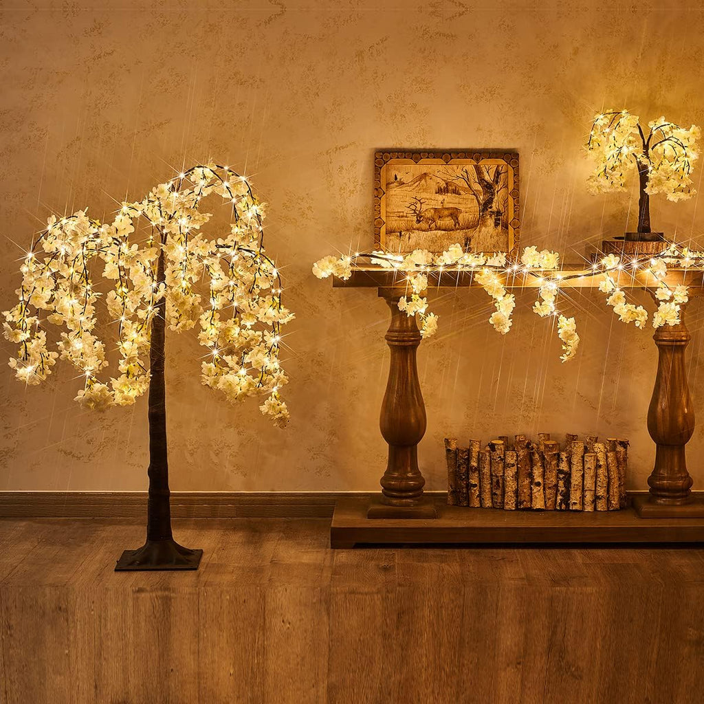 Fudios Lighted White Cherry Blossom Garland Decor with Timer 96 LED Fairy Lights 6FT for Mantle,Artificial Flower Vine with Lights Battery Operated Valentines Wedding Party Indoor Outdoor