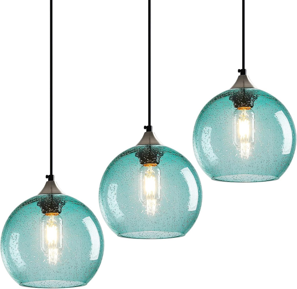 Light Blue Glass Pendant Lights Kitchen Island Lighting Globe Pendant Light Fixtures Modern Pendant Lighting for Bedroom Living Dining Room Light Fixture (7.87 in, 3 Pack)