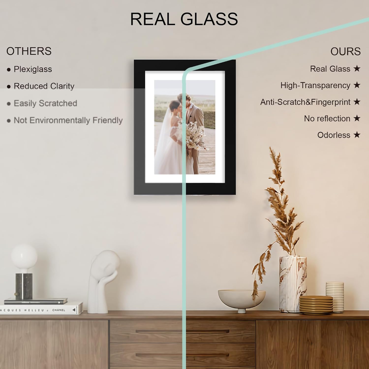 7x10 Picture Frame Set of 4, Made of Real Glass and Black Frame - Display Picture 5.5x8.5 with Mat or 7x10 Without Mat, 7 by 10 Photo for Wall or Tabletop