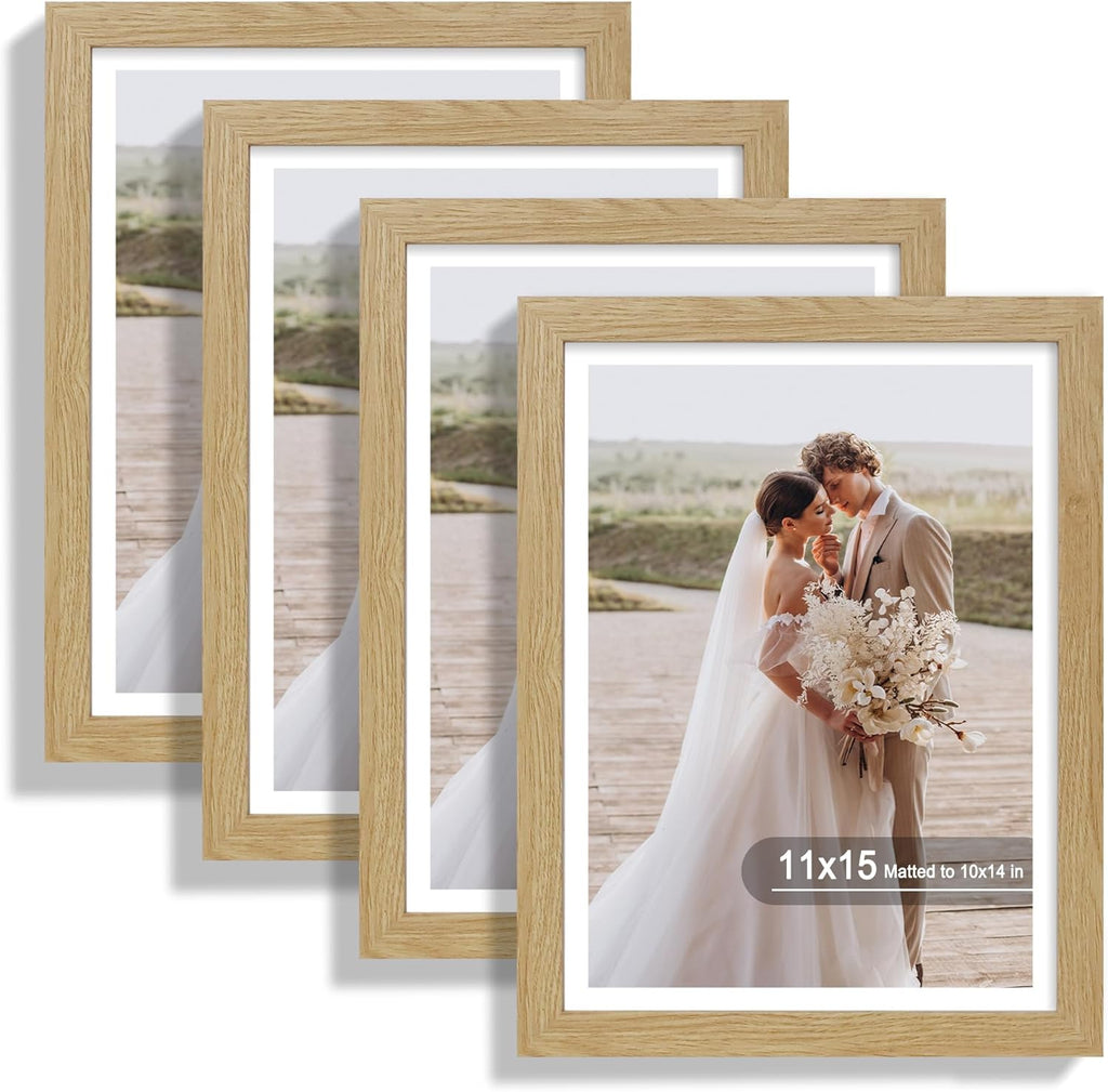 11x15 Picture Frame Set of 4, Made of Real Glass and Natural Oak Frame - Display Picture 10x14 with Mat or 11x15 Without Mat, 11 by 15 Photo for Wall Mounting