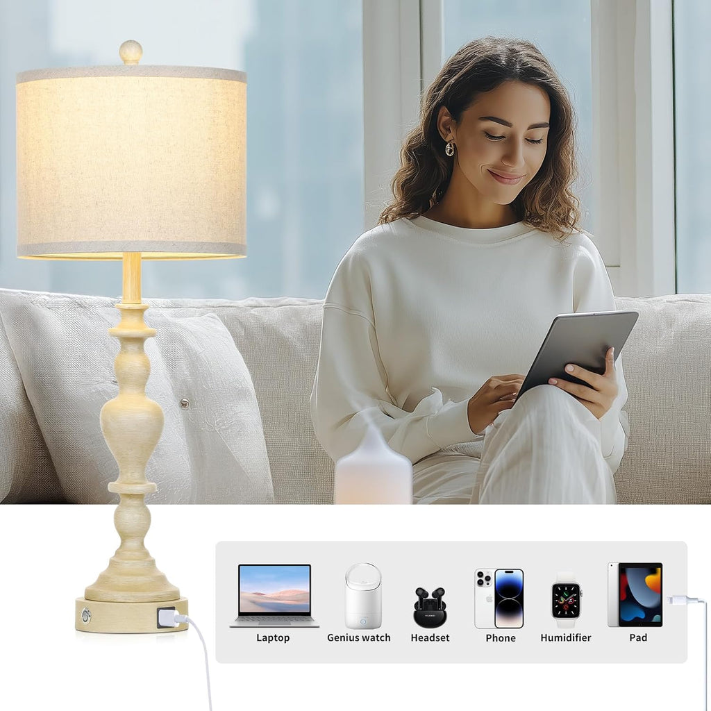 27" Vintage Farmhouse Table Lamps for Living Room Set of 2, Rustic Nightstand Lamps with USB C+A Ports, 3-Way Dimmable Retro Bedside Lamps for Bedroom Office 2 LED Bulbs Included Washed Antique Beige