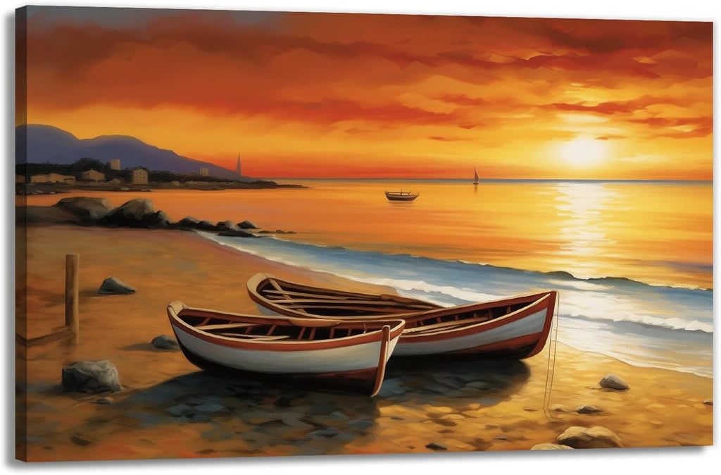 GLOKAKA Coastal Wall Art Ocean Beach Boat Canvas Print Sunset Seascape Pictures Ocean Landscape Painting Nature Artwork for Bathroom Living Room Bedroom Office Home Decor