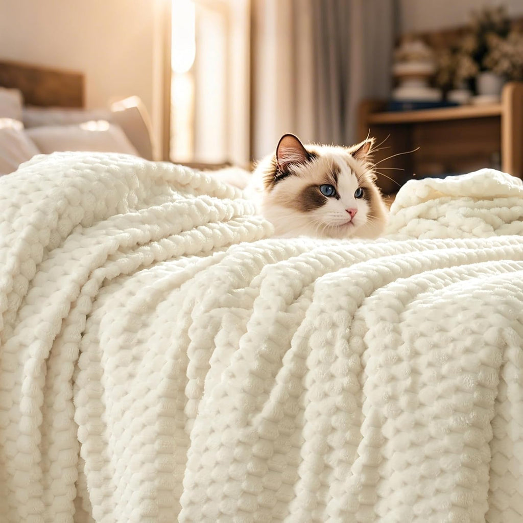PHF Ultra Soft Flannel Fleece Blanket Queen Size, Lightweight 3D Jacquard Fleece Blanket, No Shedding, No Pilling, Luxury 340GSM Aesthetic Fluffy Cozy for Bed Room Decor, 90"x90", Cream