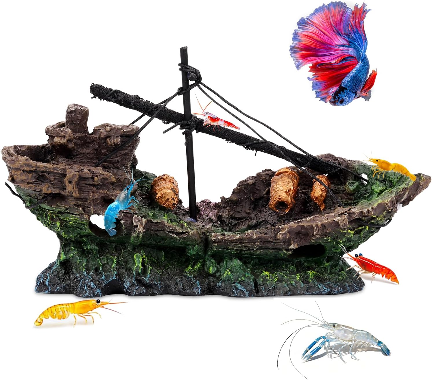 Big Ship Aquarium Decoration Resin - Large Weathered Sunken Shipwreck with Small Hole,Centerpiece for Fish Tank - Approx. 10" L x 4.5" W x 5.3" H(Big Ship)