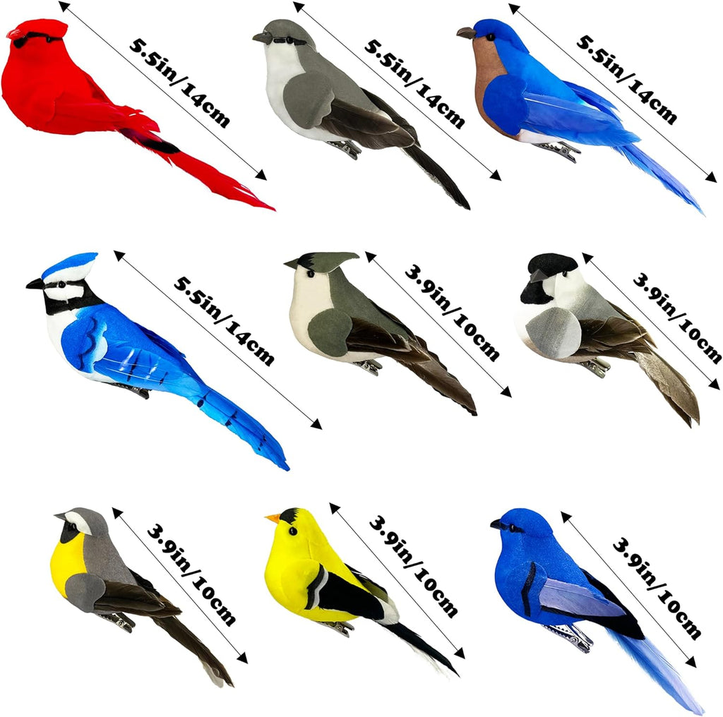 Artificial Birds Ornaments Christmas Tree Decoration Clip on Birds 9pcs Assorted Realistic Red Blue Feathered Fake Song Bird Figurines for Wreath Craft Xmas Party Decor