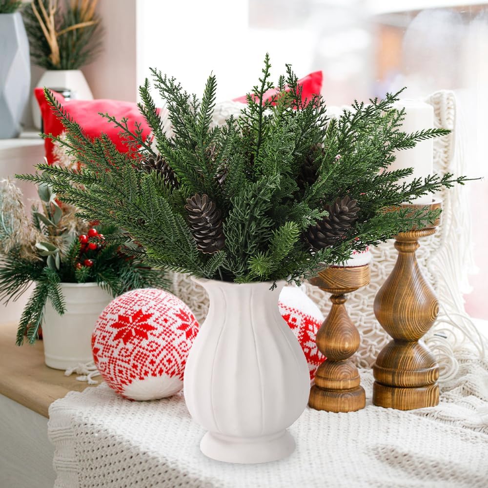 50PCS Christmas Norfolk Pine Branches, 6 Styles Artificial Christmas Norfolk Branches Artificial Greenery Real Touch Pine Needle Branches Stems Sprigs for Xmas DIY Making Garland Wreath Home Decor