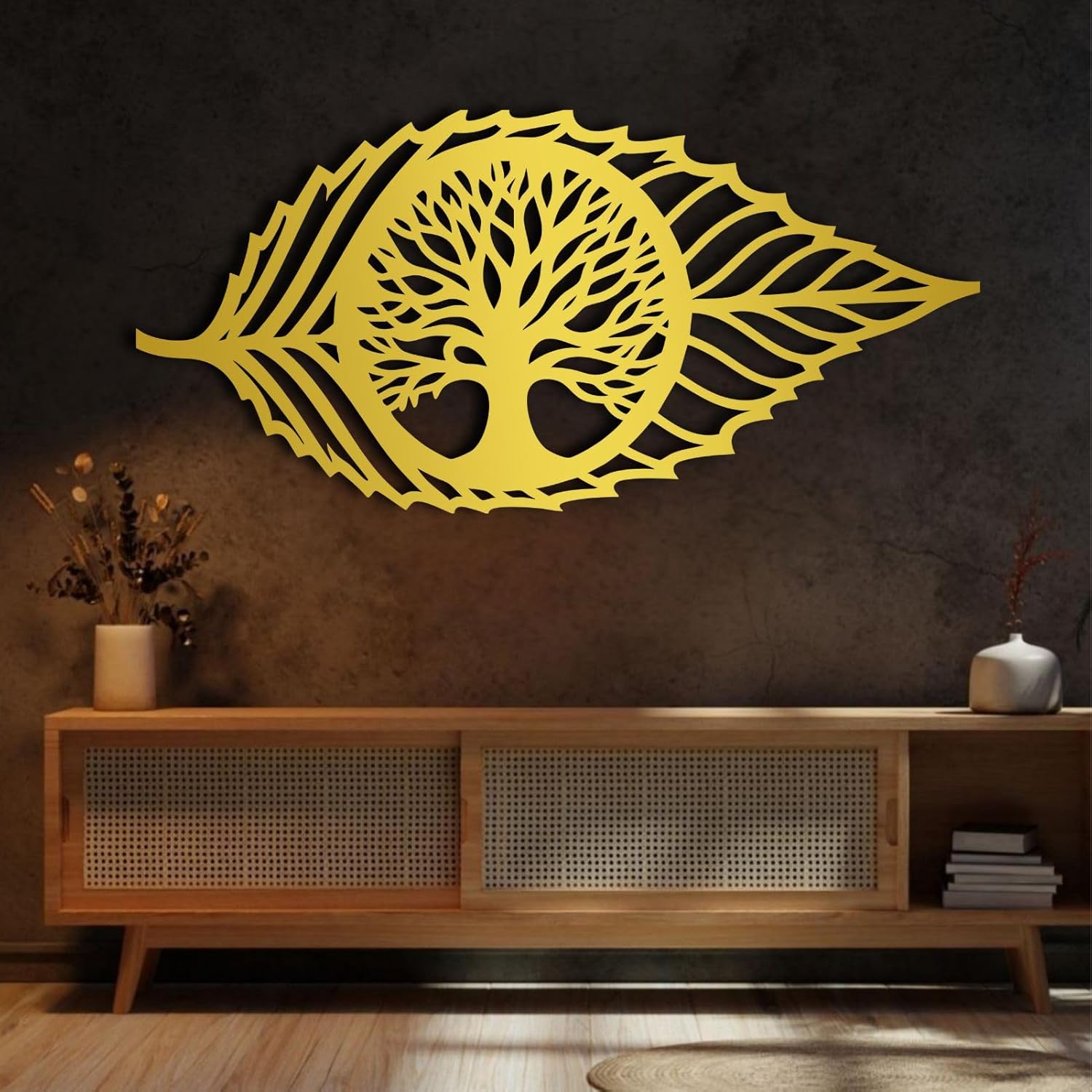 Hotuijxca Metal Leaf Wall Decor, Tree of Life Wall Art, Metal Leaf and Tree Wall Art for Living Room, Bedroom (Gold, 19x9in|47x22cm, metal wall art)