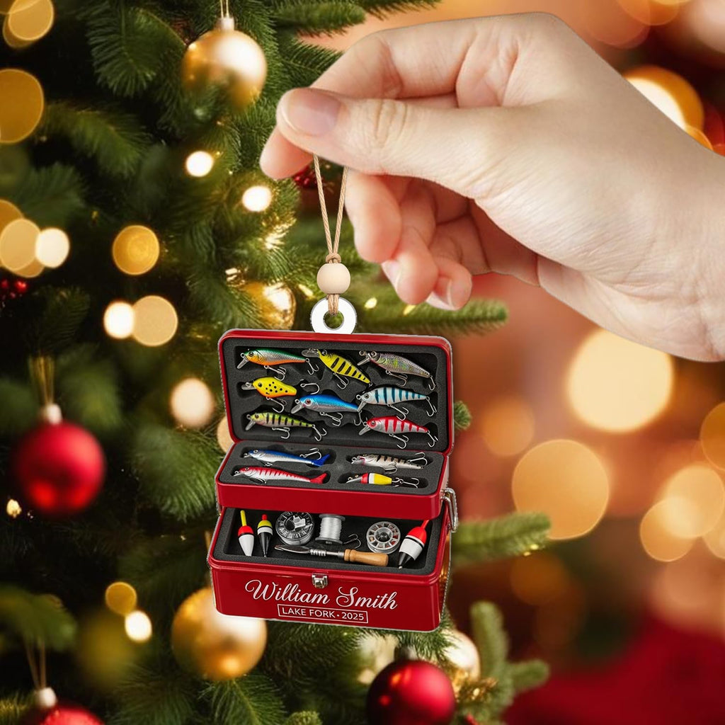 Personalized Fishing Tackle Box Ornament - Fisherman Lure Bait Ornaments Christmas Tree Decor - Outdoor Sportsman Hanging Xmas Decorations Gift for Anglers, Dads & Camping Lovers