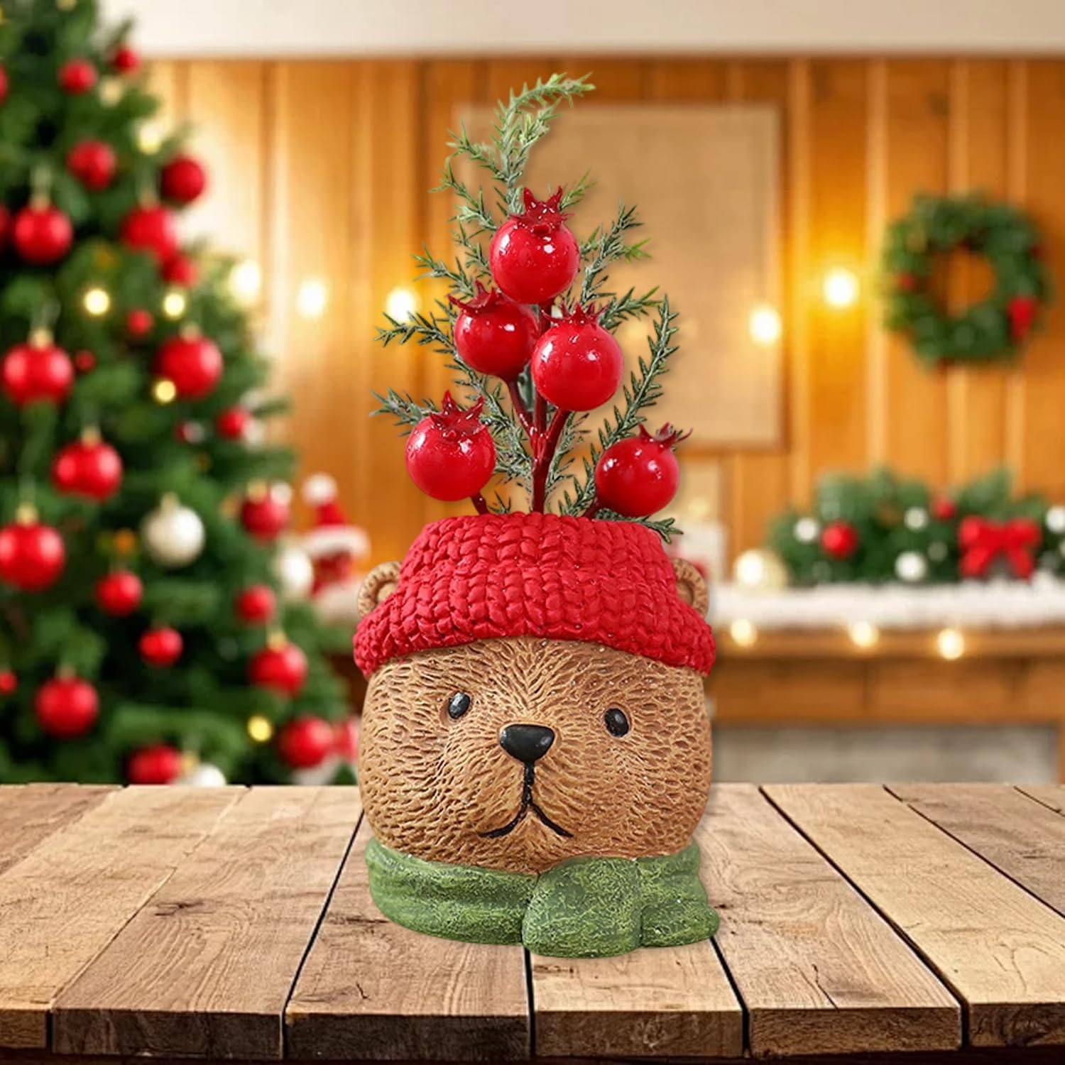 Christmas Table Decorations Artificial Mini Christmas Tree Decorations for Tables Fake Red Berry ＆ Pine Branch with Winter Bear Base Small Xmas Tree Tabletop Decor for Indoor Home Fireplace Mantel
