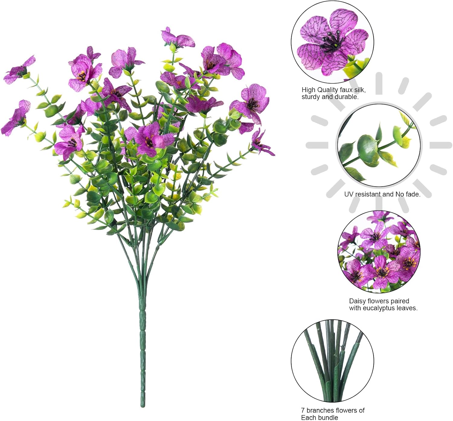 HyeFlora Artificial Flowers for Outdoor Indoor Garden Home Decoration, Faux Flower Daisy with Eucalyptus Leaves Fake Plants Greenery Boxwood Porch Patio, 12 Bundles (Purple)