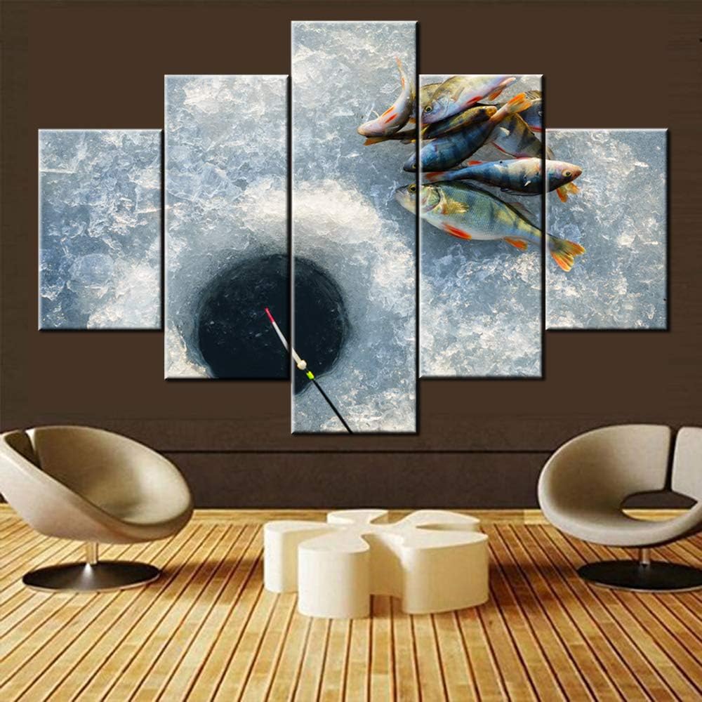 TUMOVO Multi Panel Wall Art Winter Fishing Pictures Many Fishes Paintings for Living Room Prints on Canvas Landscape Artwork Giclee House Decor Stretched and Framed Ready to Hang Gift(60''W x 40''H)