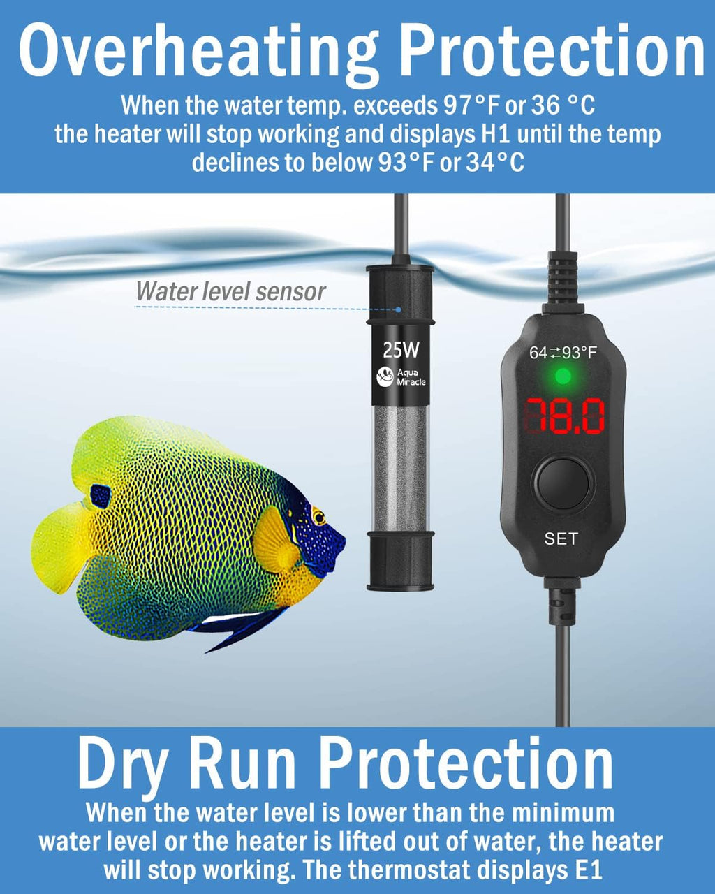 AquaMiracle Adjustable 25W Aquarium Heater Submersible Fish Tank Heater Super Short Aquarium Heater with LED Digital Display Thermostat, for Tanks 3-5 Gallons