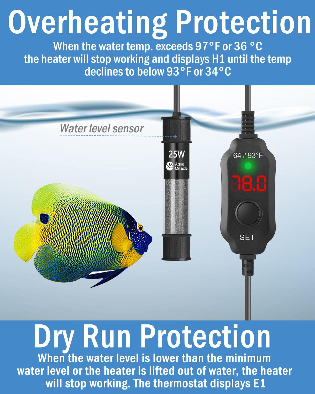 AquaMiracle Adjustable 25W Aquarium Heater Submersible Fish Tank Heater Super Short Aquarium Heater with LED Digital Display Thermostat, for Tanks 3-5 Gallons