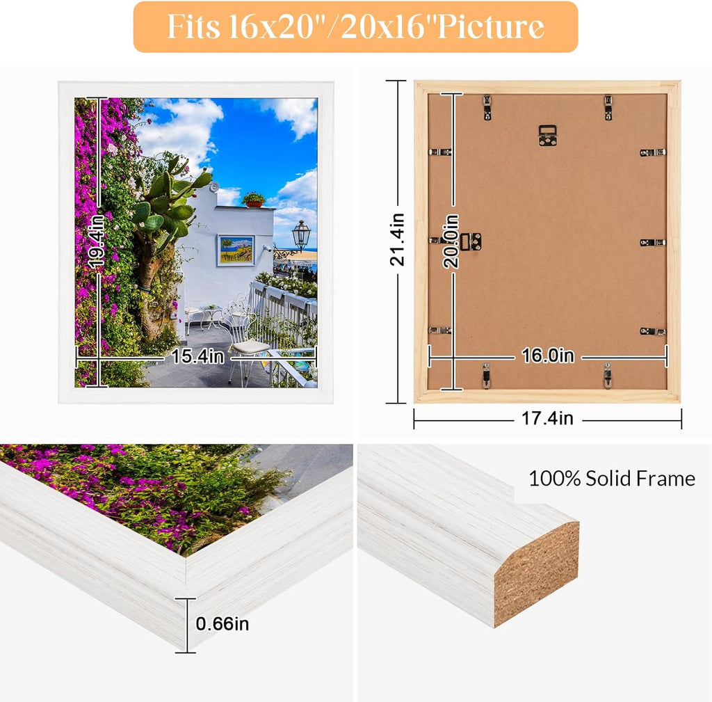 16x20 Wood Frame White, Natural Woodgrain 20x16in Picture Frame, Rustic Wooden 16 x 20 inch Gallery Wall Photo Poster Frame with HD Plexiglass, Horizontal Vertical Wall Mounting Display 1pcs