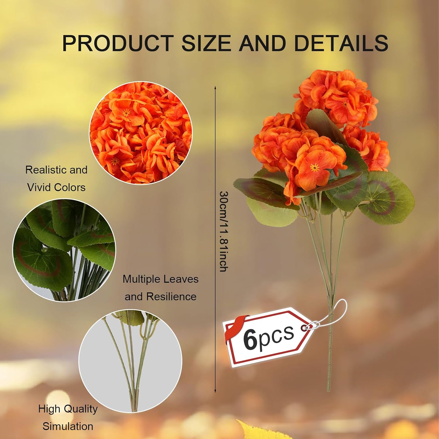 6 Bundles Silk Geraniums Artificial Flowers for Outdoors, UV Resistant Faux Plants Realistic for Garden Patio Porch Window Box Home Indoor Outdoor Decor (6, Orange-red)