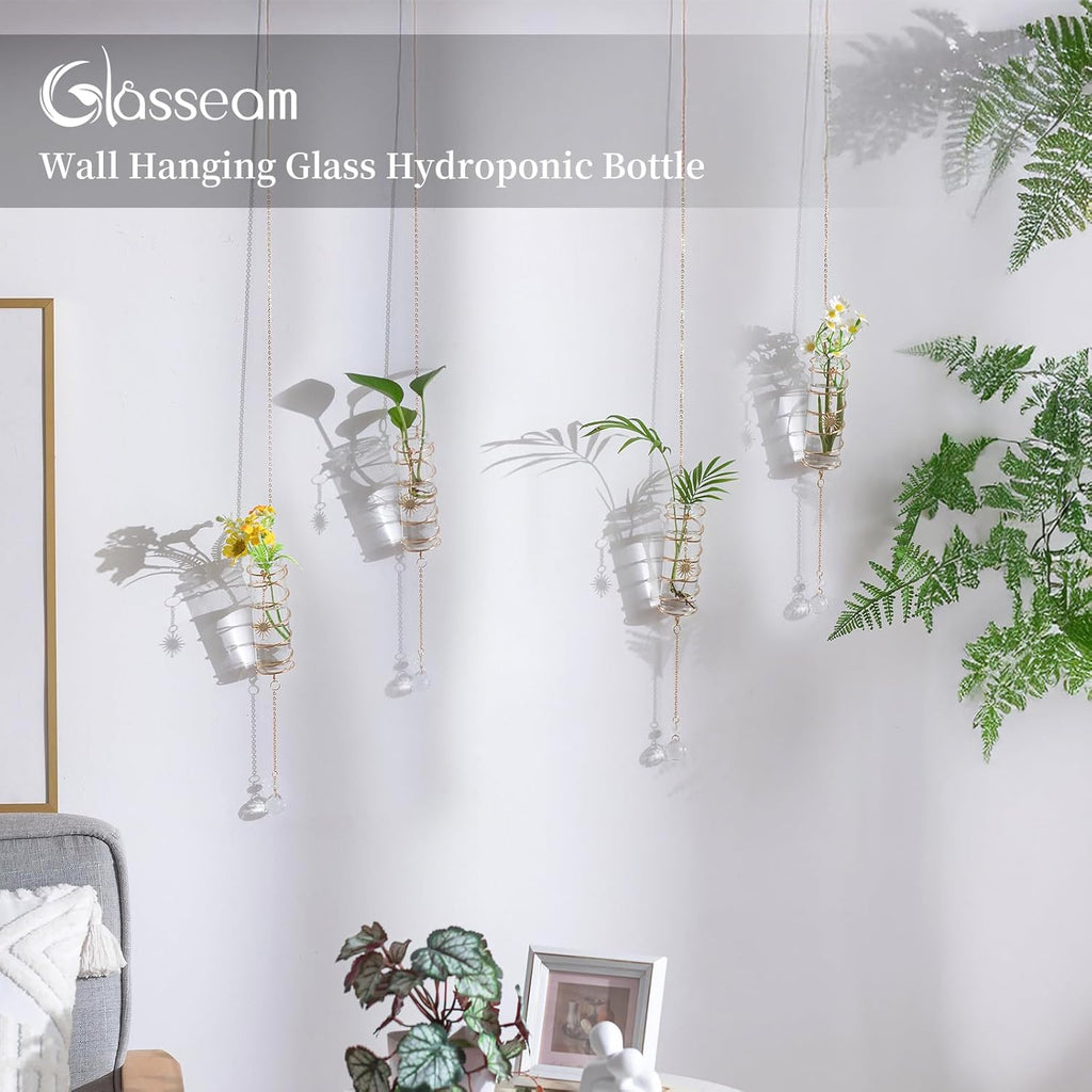 Glasseam Hanging Propagation Stations with Crystal Suncatchers Glass Wall Planters for Indoor Plants Hydroponics - 4Pcs Propagation Tubes Jars with Metal Chain for Home Decor - Unique Gift for Women