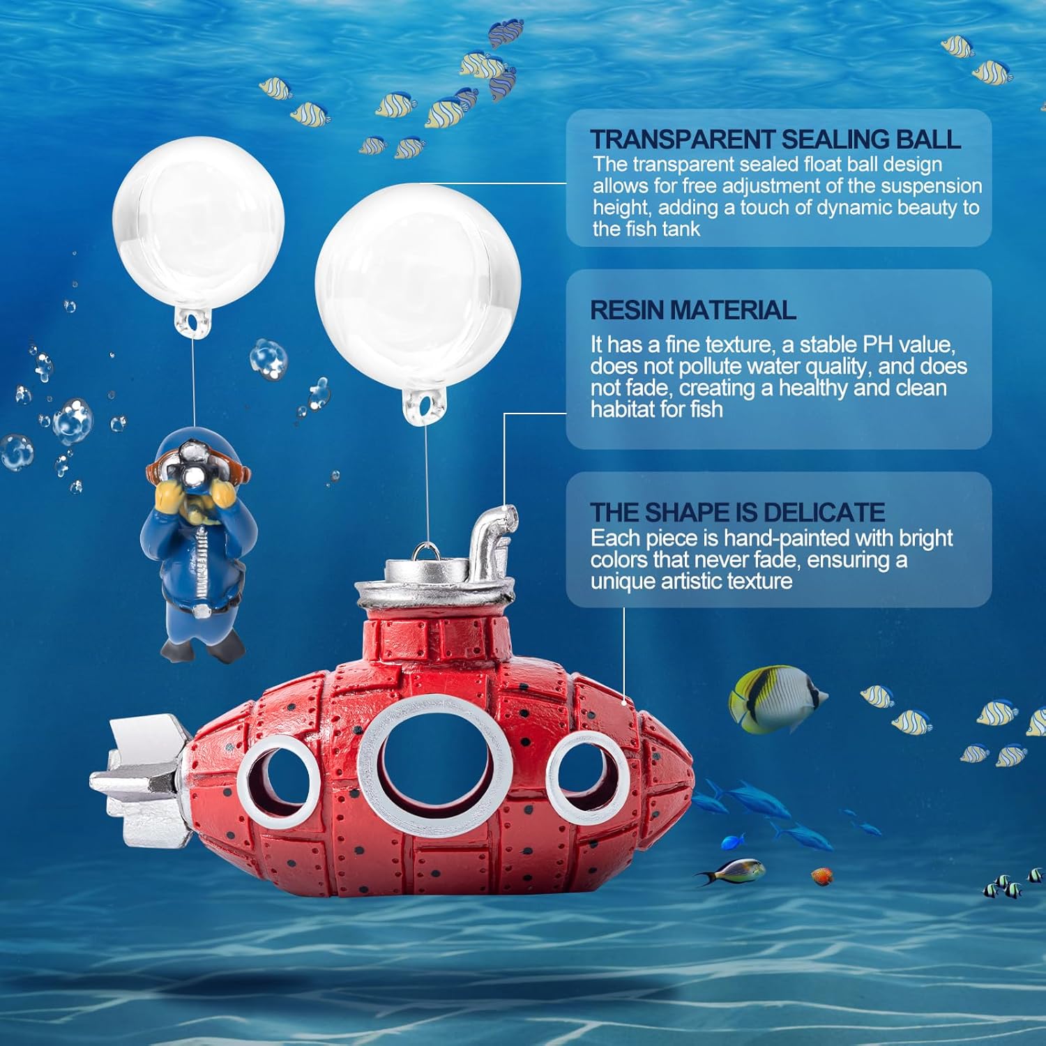 CousDUoBe New Upgrade Floating Fish Tank Decoration, Cute Retro Submarine Set and Floating Diver,Three Float Balls, Aquarium Decorations Resinous Betta Fish Tank Accessories