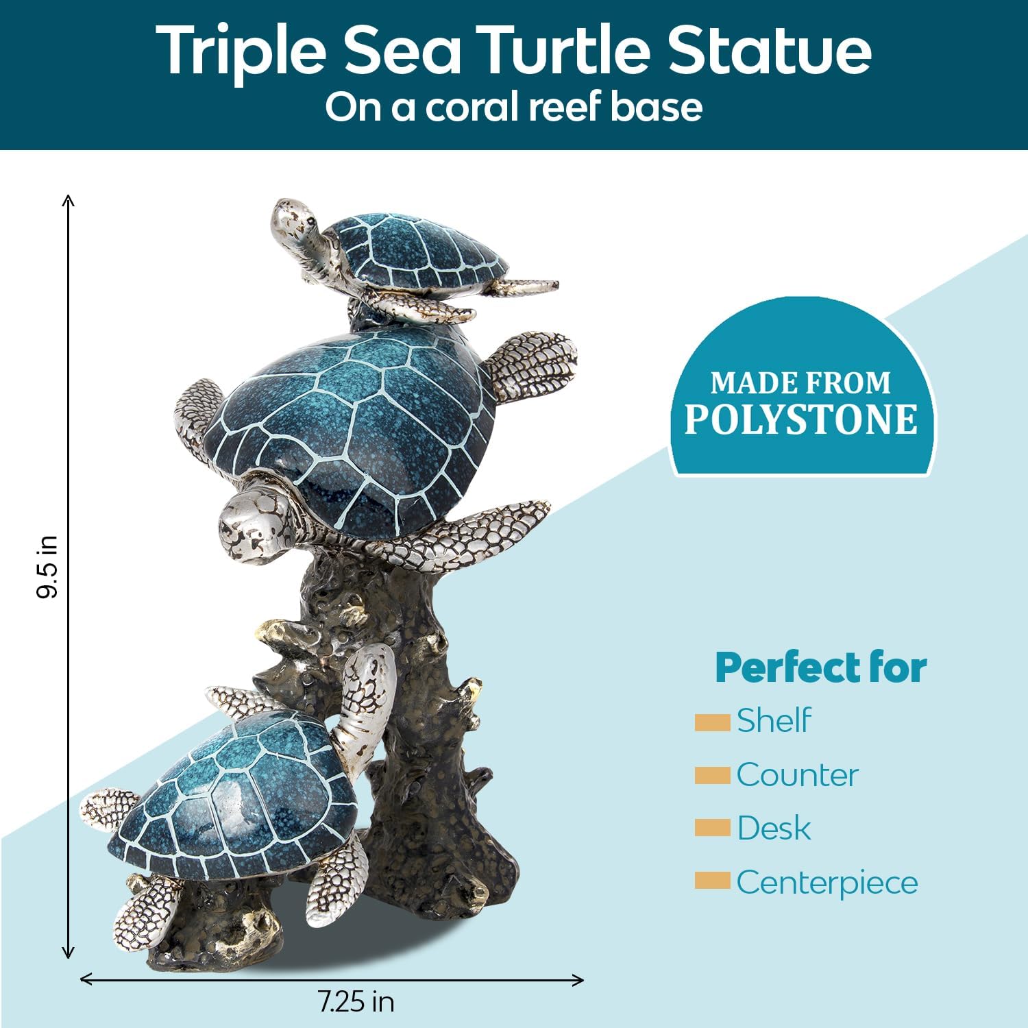 Triple Sea Turtle Statue – Ocean Decor Figurine with Coral Reef Base | Coastal Tabletop Accent in Bronze, Silver & Pacific Blue | Beach House Nautical Room Decoration (9.5" x 7.25")