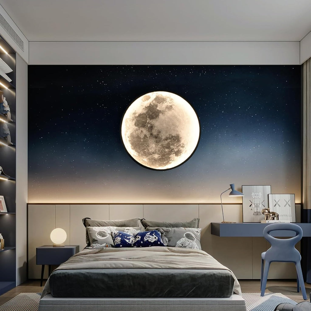 QIYIMEILUX Large Moon Wall Sconce Plug in Modern LED Dimmable Wall Light with Remote Control 23.6 inch 31W Black Wall Lamp Indoor Wall Mounted Lighting Ceiling Light for Living Room Bedroom