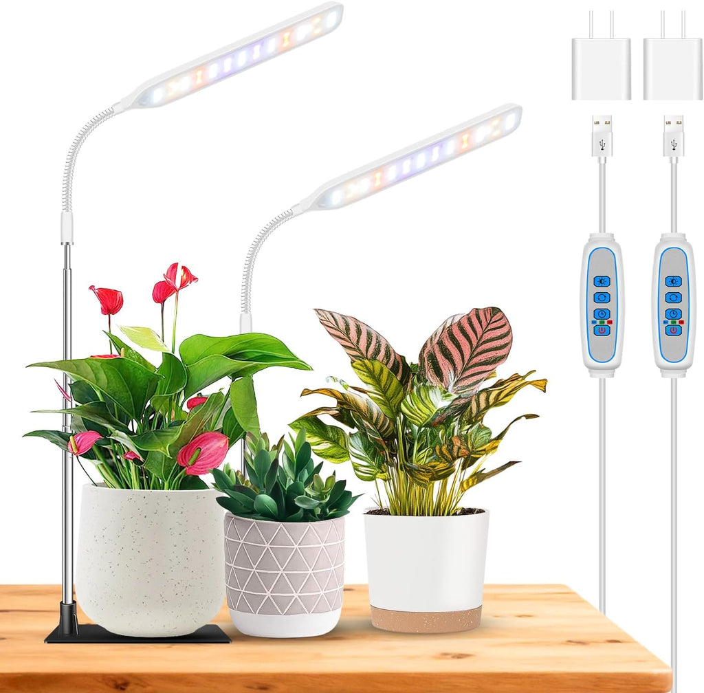 Wolezek Grow Light for Indoor Plants, 52 LEDs Full Spectrum Plant Grow Light with Base, Height Adjustable Grow Lamp with Auto Timer 6/12/16H, 5 Dimmable Brightness, for Small Plants, White, 2-Pack