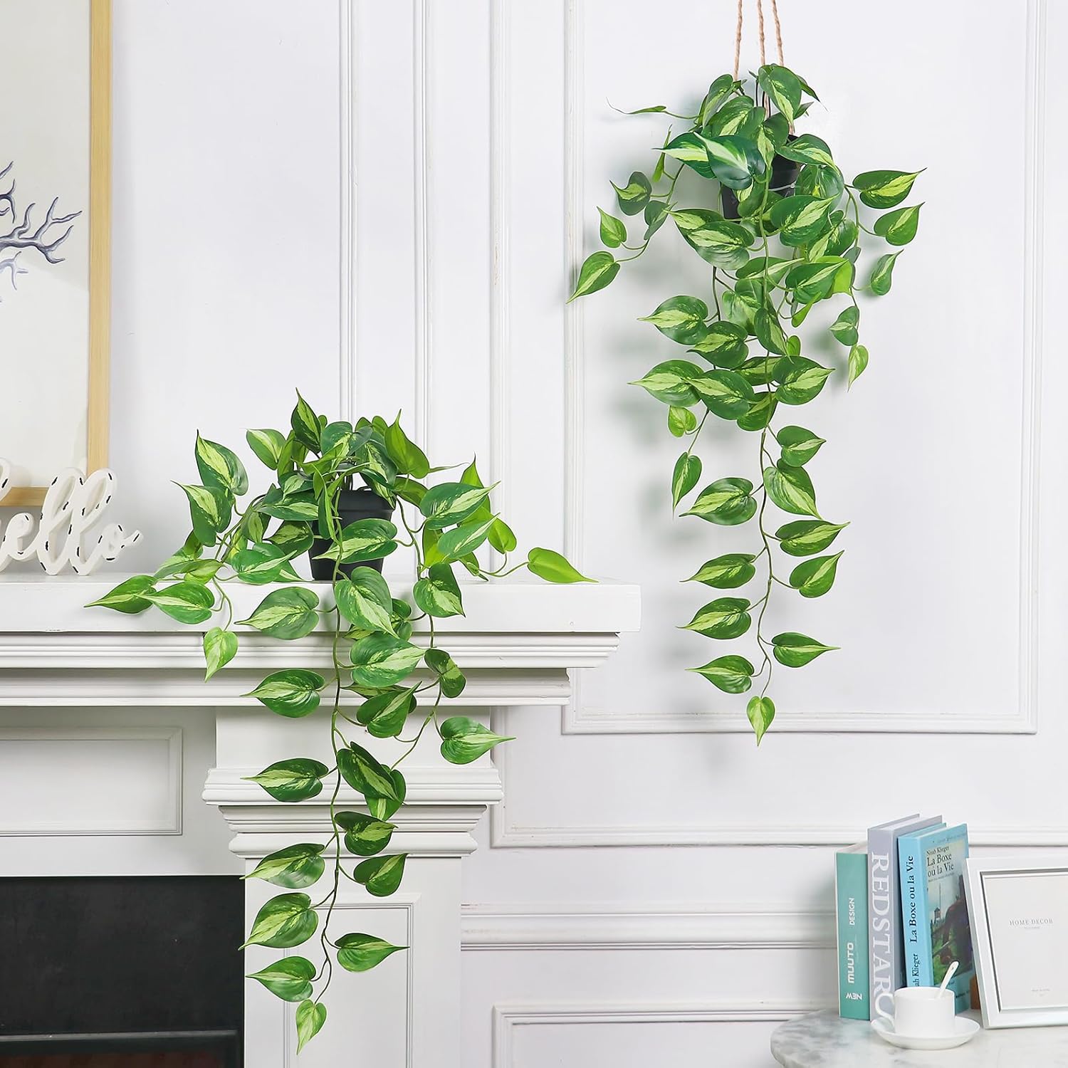 Realistic Artificial Pothos Vines with Pots - Fake Hanging Plants for Indoor Decor, Low Maintenance Silk Faux Greenery(2 PCS)