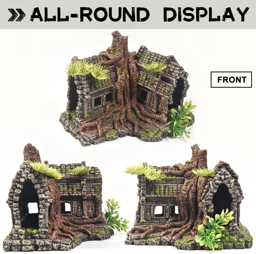 Aquarium Decorations Large Fish Tank Ornament Reptile House Shelter Decor Aquarium Hides with Betta Cave Temple Ruins Tree House Aquarium Landscape Decoration