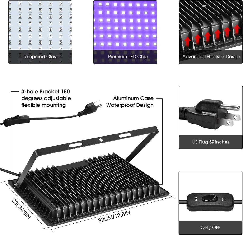 200W 2 Pack LED Black Light, Halloween Outdoor Blacklight Flood With Plug and Switch, IP66 Waterproof for Glow in The Dark, Party, Body Paint, Florescent, Aquarium