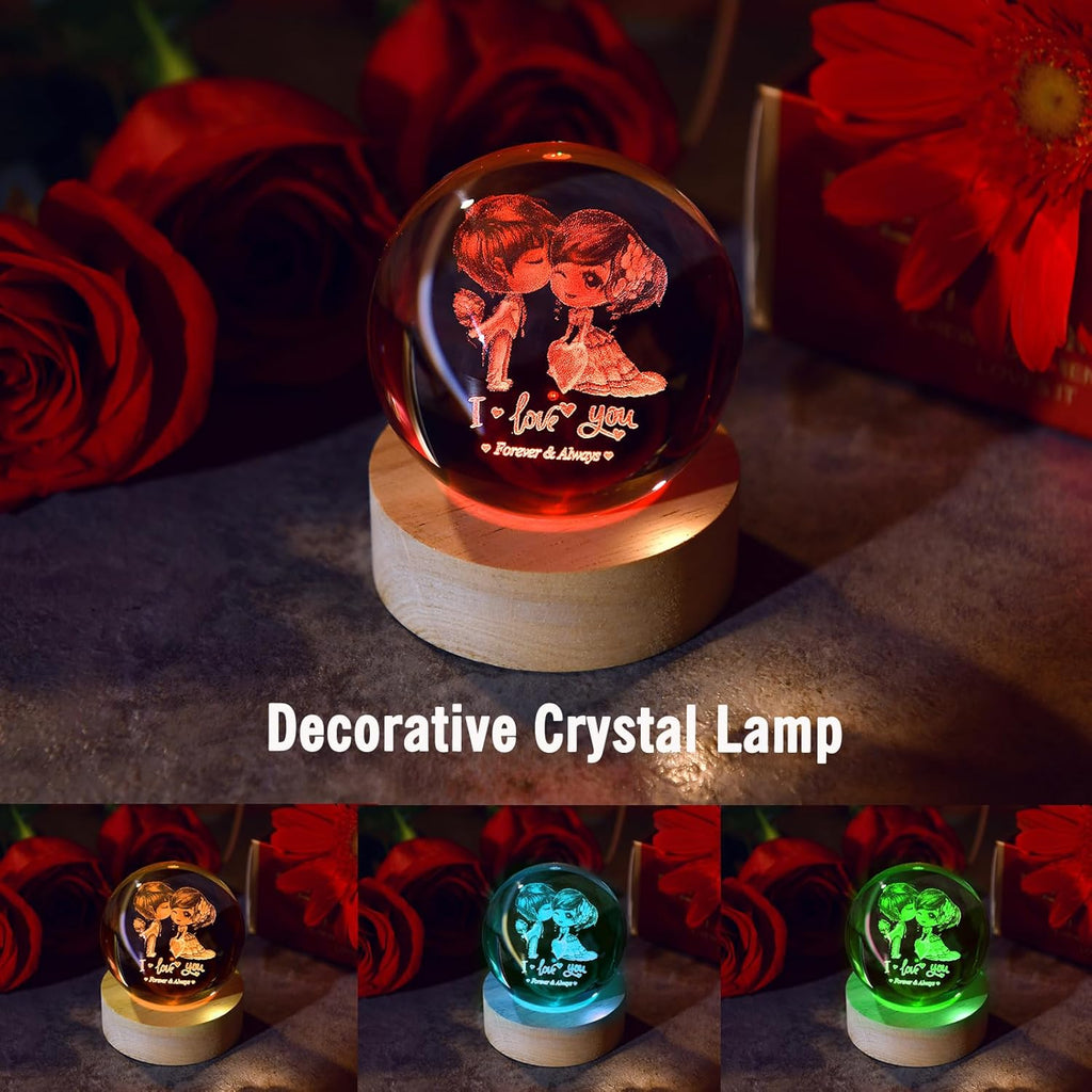 IFOLAINA 3D Couple Crystal Ball Valentine's Gifts for Her 2.36" Engraved Glass Couple Sphere Gifts with Colorful Lighted Base Decorative Glass Ball Romantic Anniversary Decor Wife Birthday Gifts