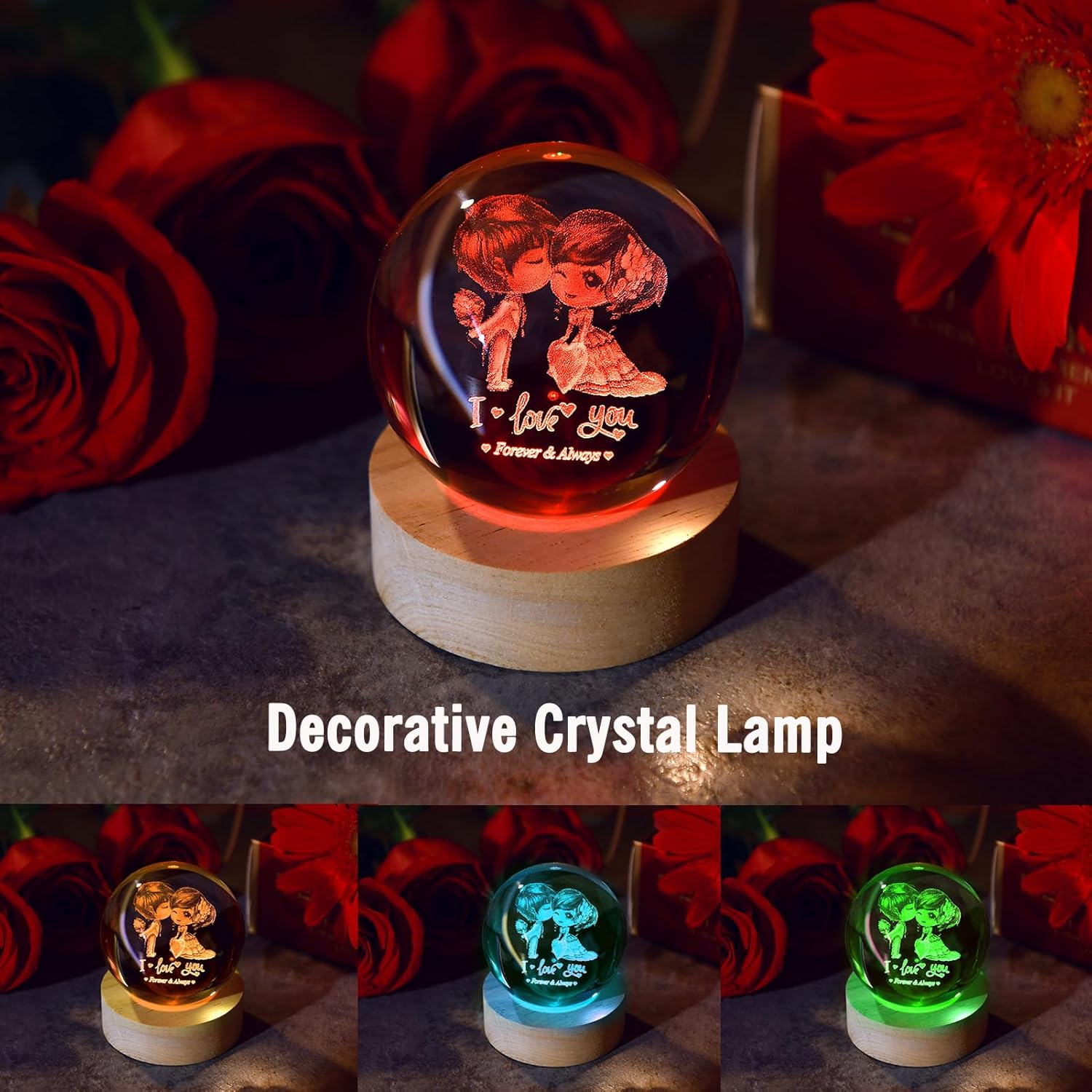 IFOLAINA 3D Couple Crystal Ball Valentine's Gifts for Her 2.36" Engraved Glass Couple Sphere Gifts with Colorful Lighted Base Decorative Glass Ball Romantic Anniversary Decor Wife Birthday Gifts