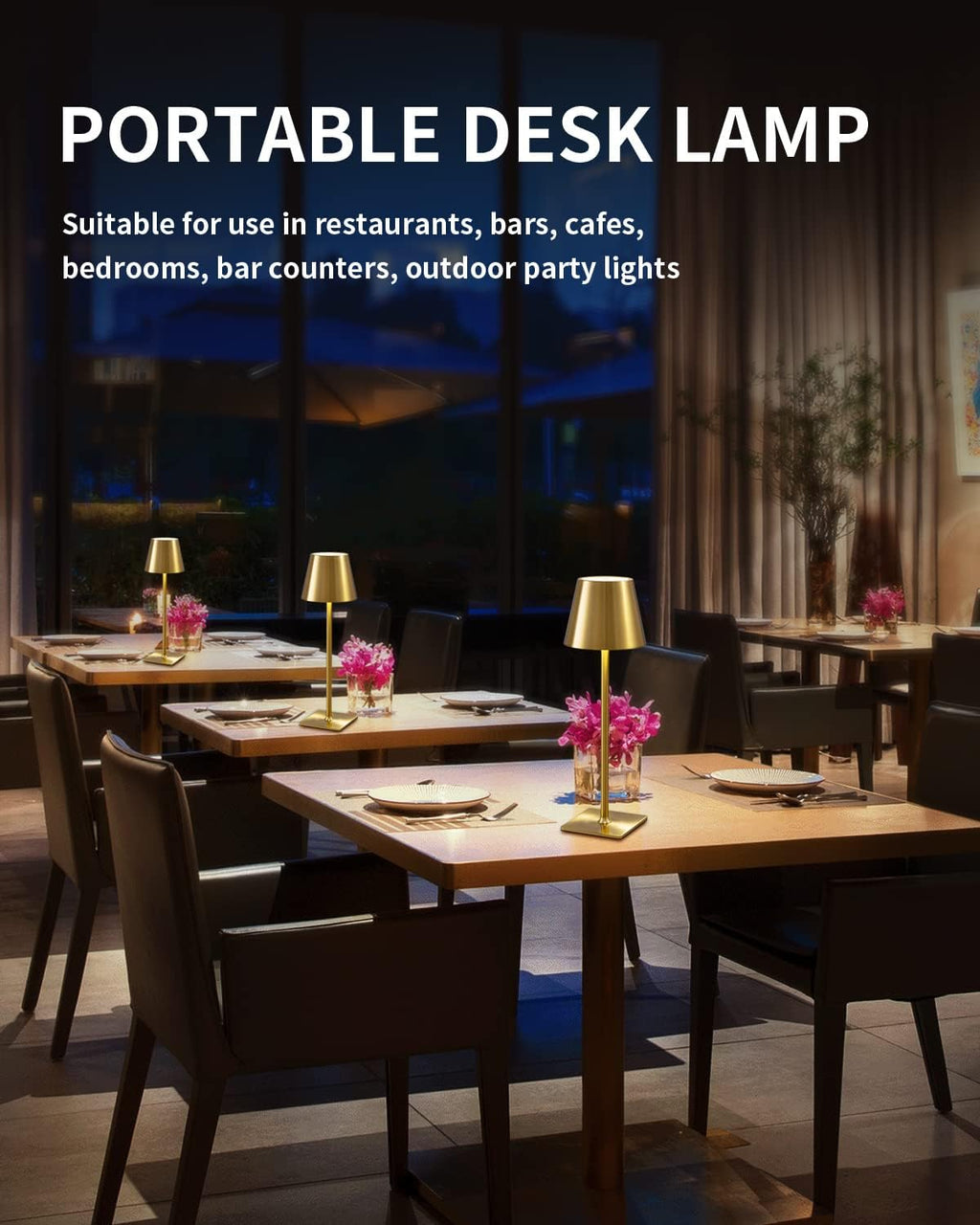 KDG 2 Pack Cordless Table Lamp,Portable LED Desk Lamp, 4000mAh Battery Operated, 3 Color Stepless Dimming Up, for Restaurant/Bedroom/Bars/Outdoor Party/Camping/Coffee Shop Night Light(Gold)
