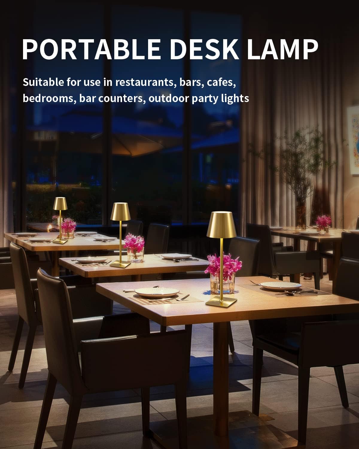 KDG 2 Pack Cordless Table Lamp,Portable LED Desk Lamp, 4000mAh Battery Operated, 3 Color Stepless Dimming Up, for Restaurant/Bedroom/Bars/Outdoor Party/Camping/Coffee Shop Night Light(Gold)