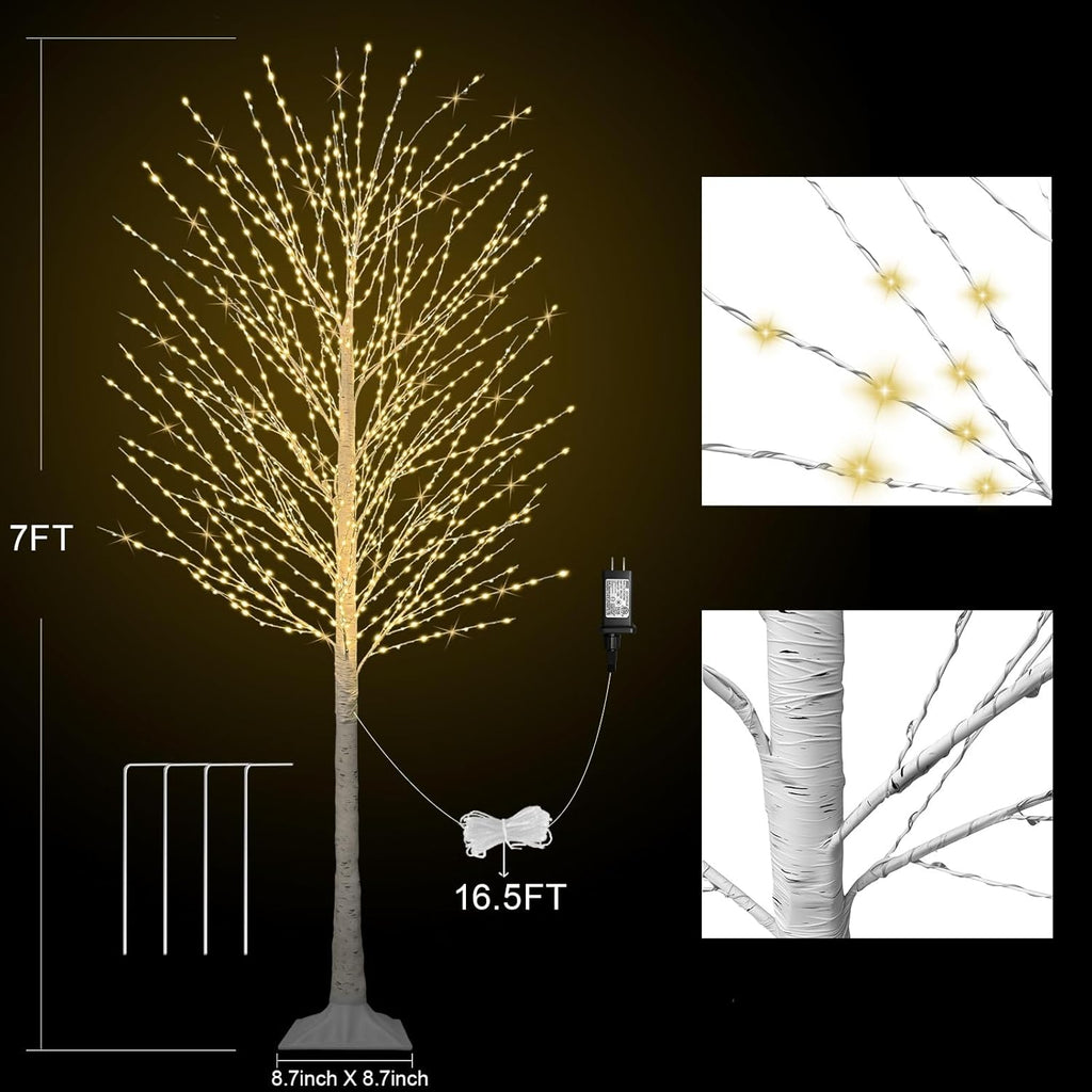 7FT Lighted Birch Tree with 1200 LED Warm White Lights, 8 Twinkle Modes, Timer, Dimmable Artificial Light Up Twig Christmas Tree for Indoor Outdoor Xmas Holiday Party Decor