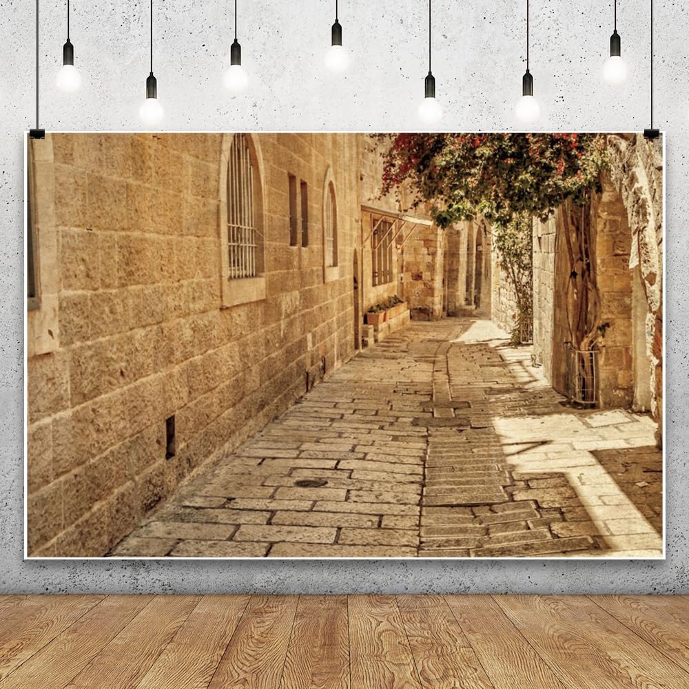 8x6ft Vinyl XMJJKUF Stone Street Backdrop Cityscape Jerusalem Old Street Path Citywalk Background for Baby Shower Children Birthday Party Decortaions Banner Portrait Photo Shoot Props