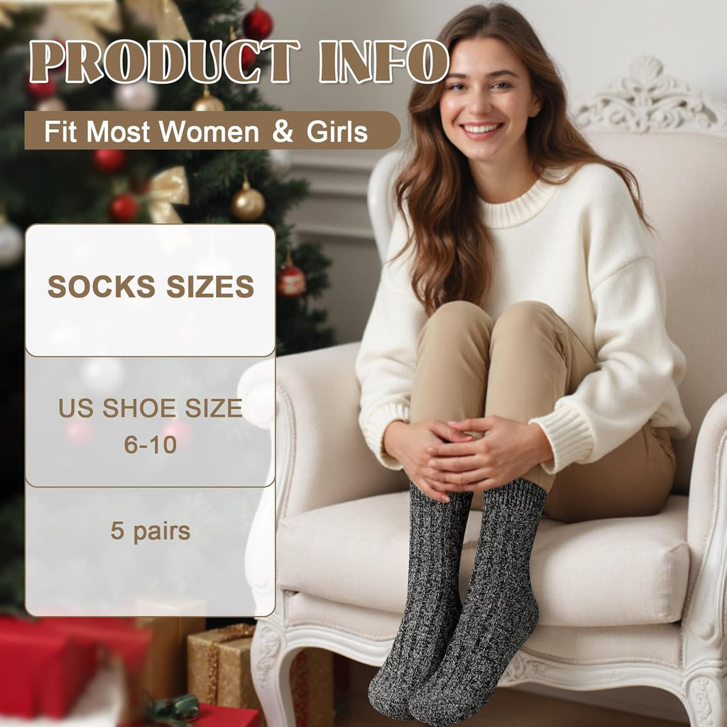 Justay 5 Pairs Wool Socks for Women - Winter Thick Boot Cozy Crew Vintage Soft Calf Knit Warm Socks Gifts