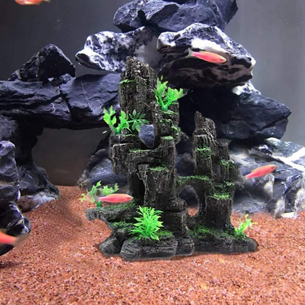 Tfwadmx Aquarium Mountain View Moss Tree Rock Cave Fish Tank Stone Ornament Landscape Decoration with Small Plants