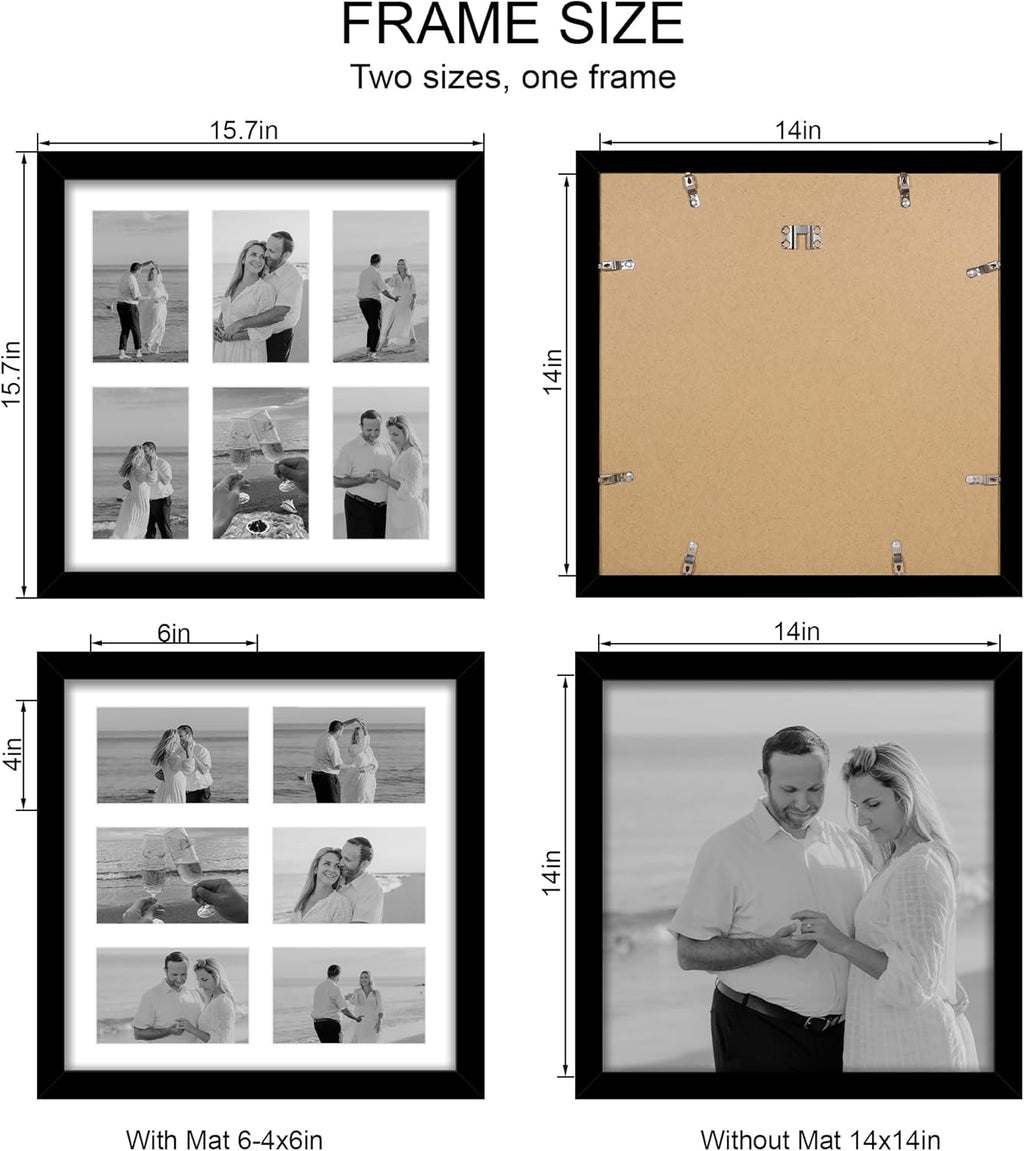 14x14 Picture Frame Set of 2, Black with Glass Collage Frame, Display Photo Six Opening 4x6 With Mat or 14 x 14 Without Mat - Horizontal or Vertical Wall Mounting