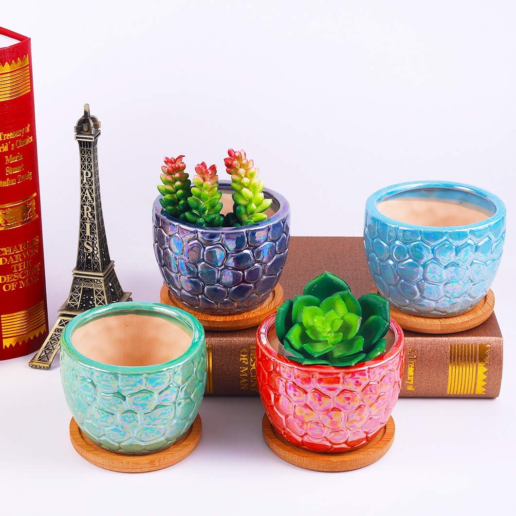 3.5 Inches Ceramic Succulent Planters, Colorful Bonsai Pots for Window Desk Home Decor with Bamboo Trays