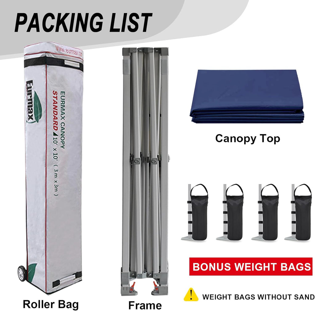 Eurmax USA Standard 10x10ft Patio Pop Up Canopy Tent for Outdoor Events Commercial Instant Canopies with Heavy Duty Roller Bag,Bonus 4 Canopy Sand Bags(Navy Blue)