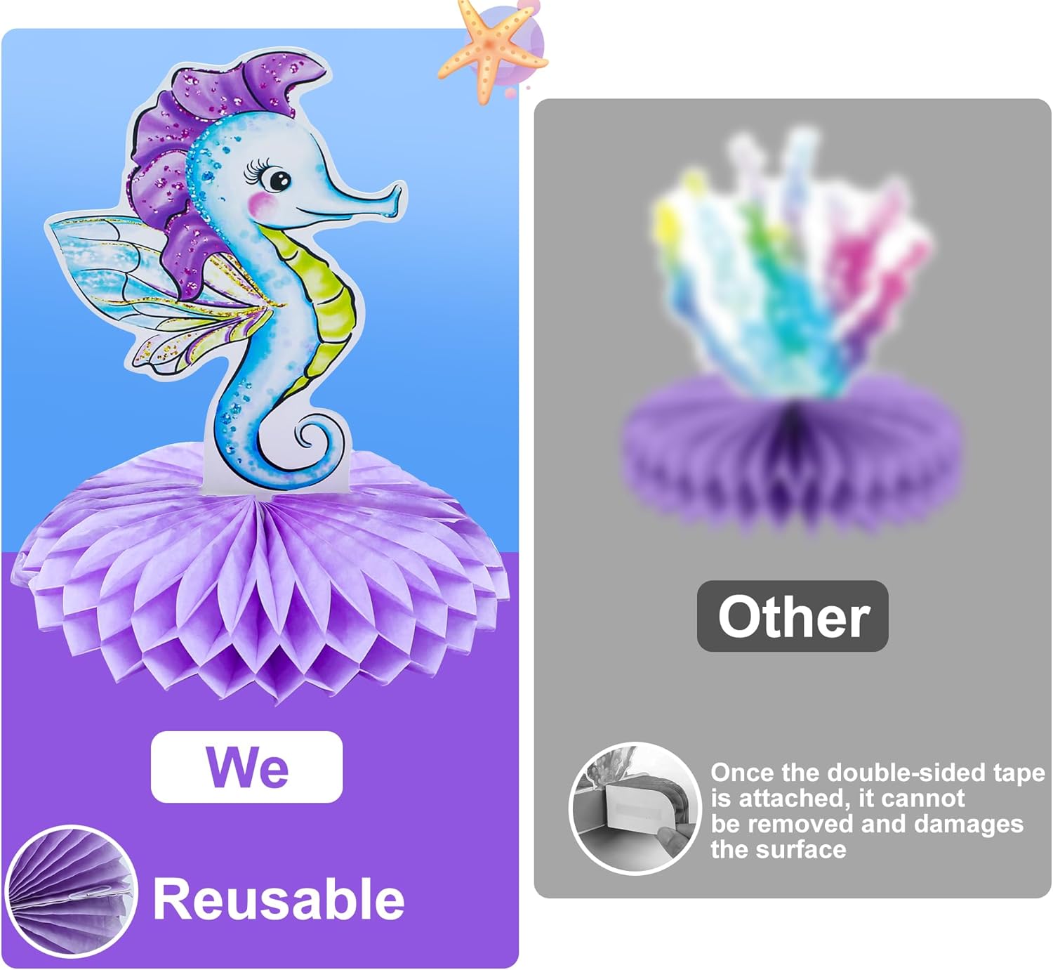 9 PCS Mermaid Honeycomb Centerpieces for Table, Mermaid Birthday Decorations Under The Sea Table Decor Ocean Theme Honeycomb Ornaments for Girl Baby Shower Birthday Party DIY Supplies