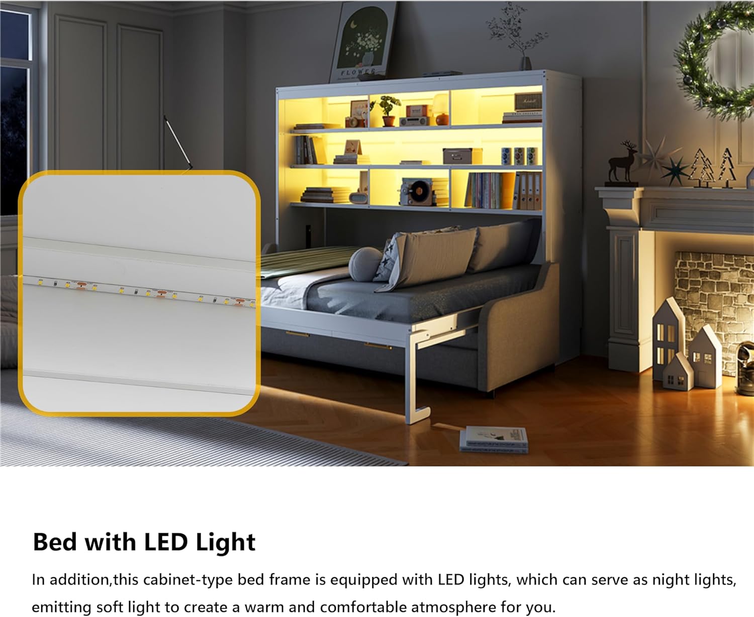 Full Horizontal Murphy Bed with Sofa and Storage Shelves,LED Light,Solid Wood Space Saving Hideaway Murphy Wall Bed with Couch and Storage for Adults (Beige,Full)