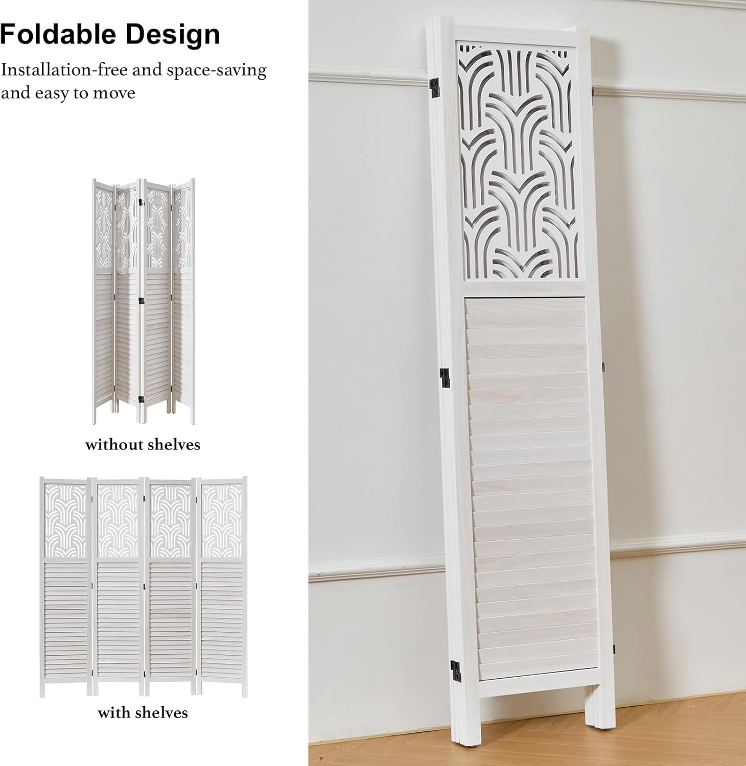 Folding Room Divider, 66.9 Inch 4 Panels Wood Carved Privacy Screens, Free Assembled Freestanding Portable Separation Wall for Home Office Restaurant Bedroom (White)