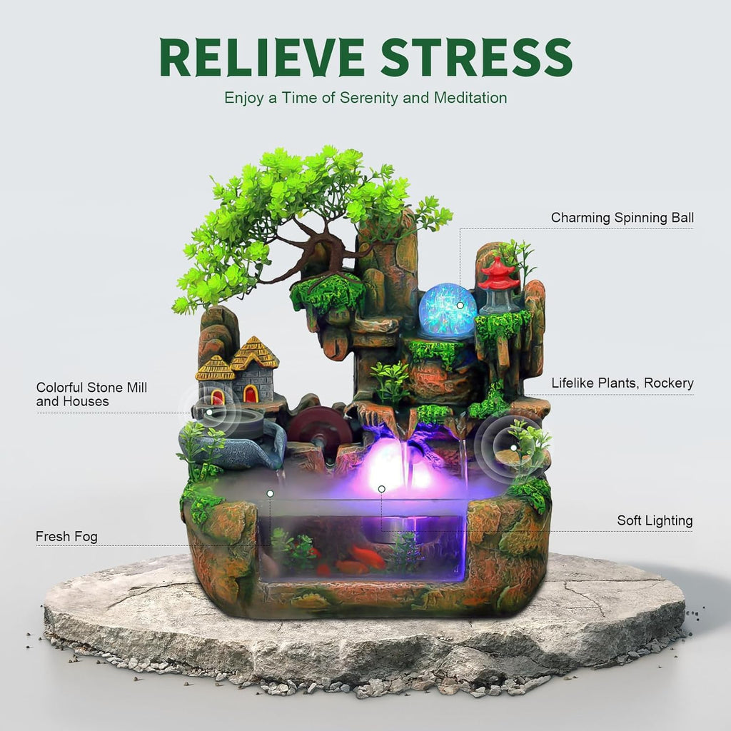Desktop LED Waterfall Fountain,Tabletop Rockery Water Fountain with Fish Tank and Atomizer for Home Office Bedroom Decorative