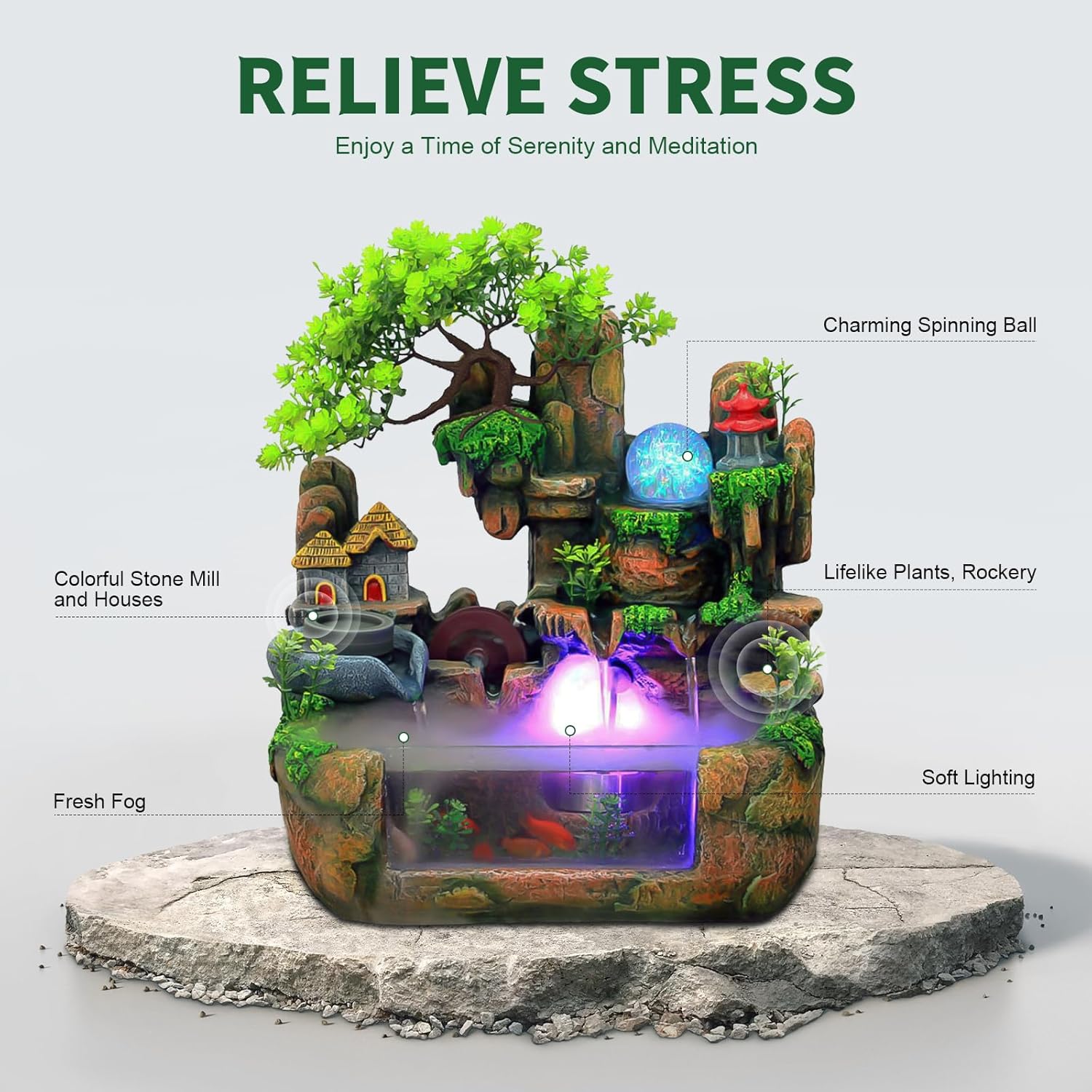 Desktop LED Waterfall Fountain,Tabletop Rockery Water Fountain with Fish Tank and Atomizer for Home Office Bedroom Decorative