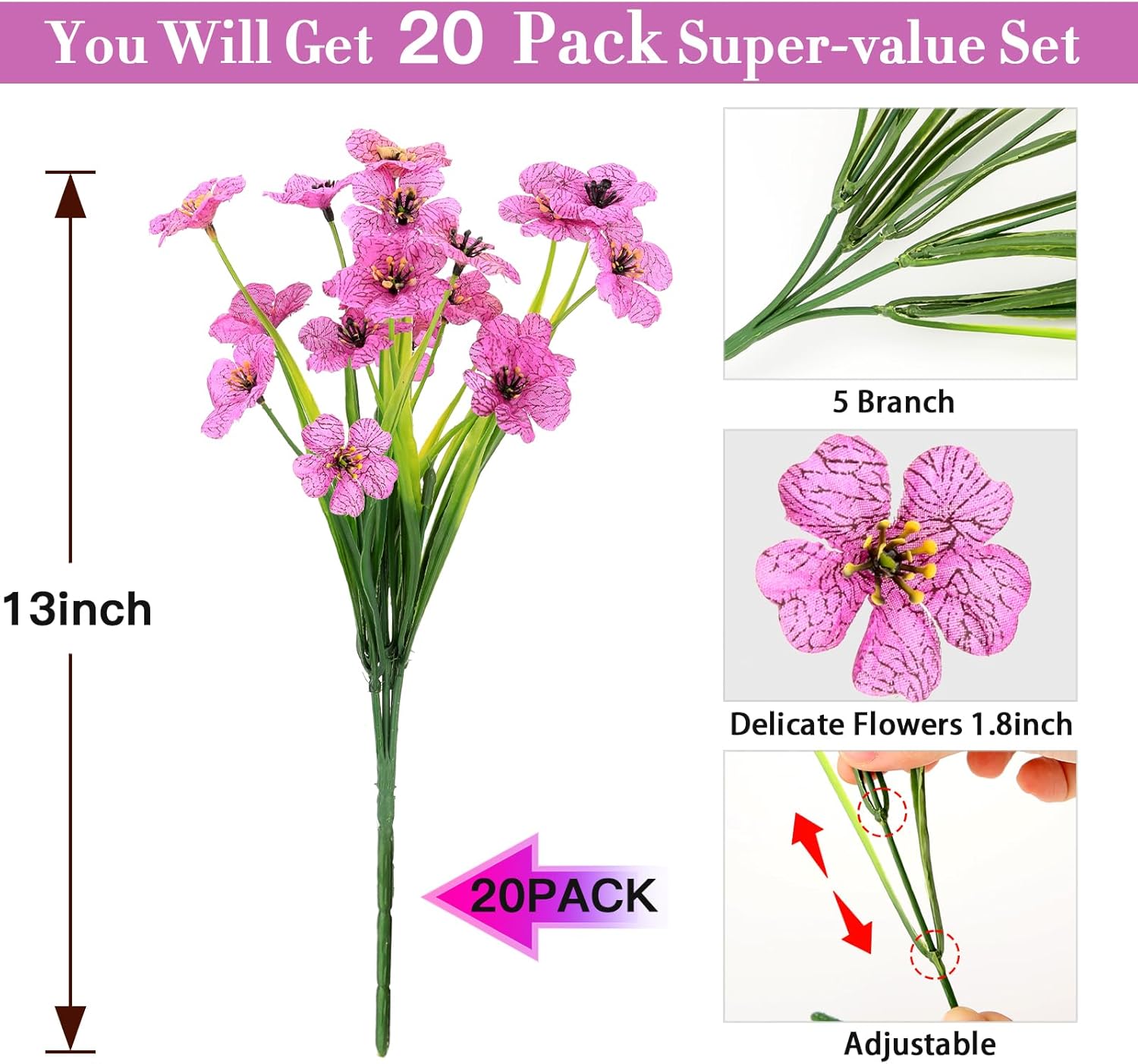 20 Bundles Artificial Flowers for Outdoors Decorations, Fake Flowers Faux Plants Silk Colorful Daisy Eucalyptus Flowers Realistic UV Resistant for Garden Patio Porch Box Home Decor, Purple